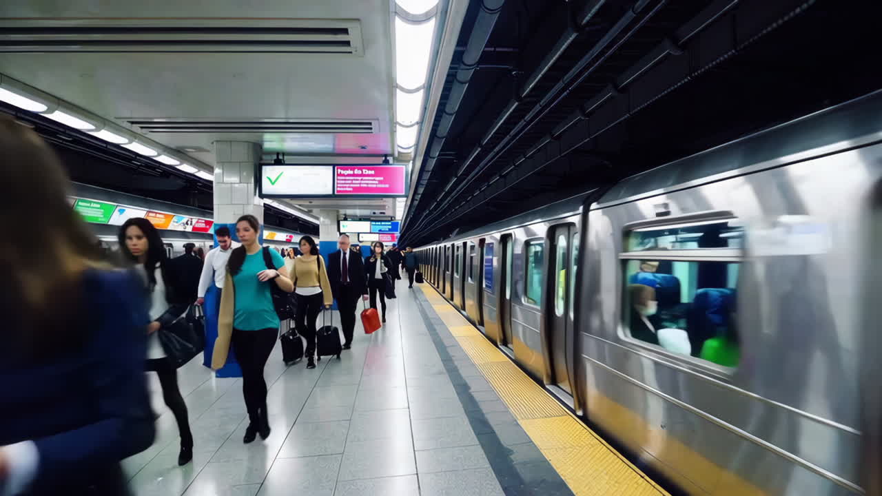 Subway Station Platform with Passengers and Train