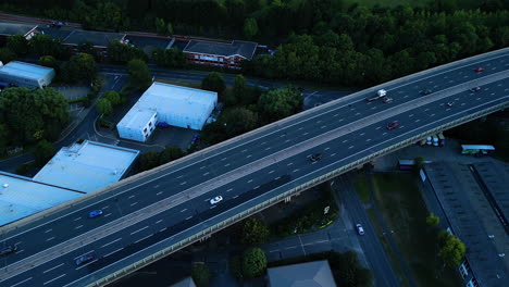 Aerial-drone-shot-of-a-UK-motorway,-highway-in-High-Wycombe,-England