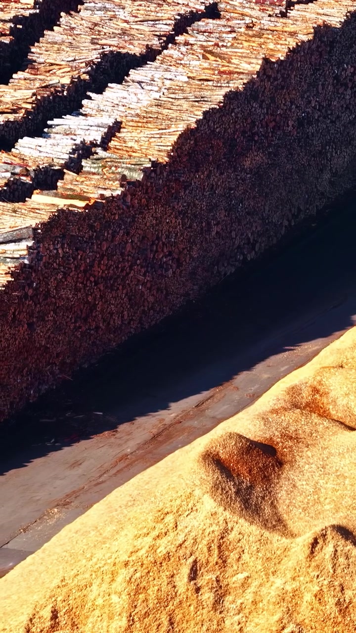 Vertical aerial close-up of stacked raw logs beside a large sawdust heap at a timber facility