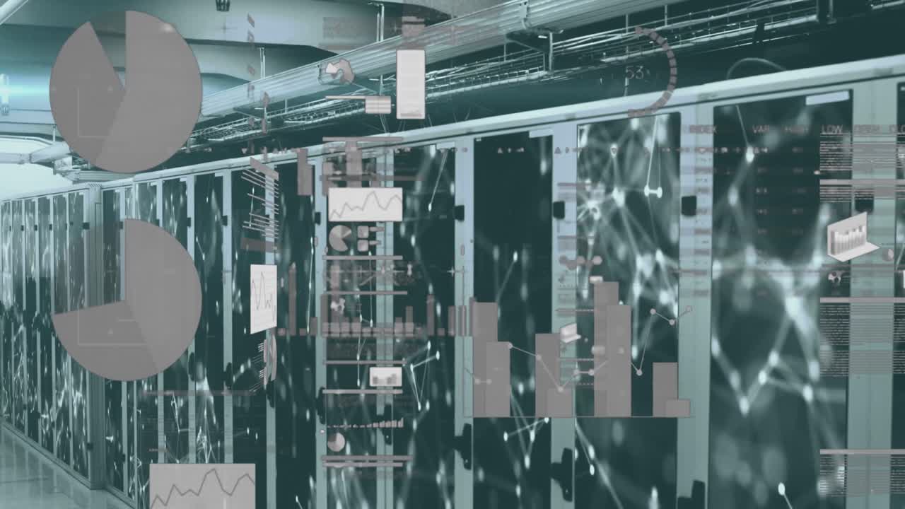 화면의 방 위에 떠다니는 여러 그래프와 통계의 애니메이션