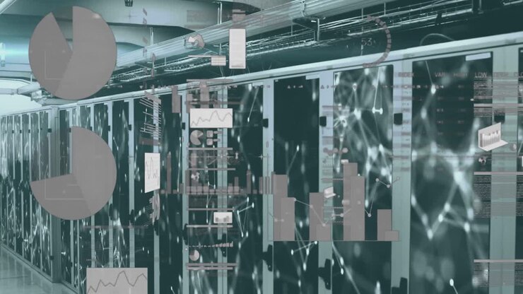 Animation of multiple graphs and statistics floating over room of screens