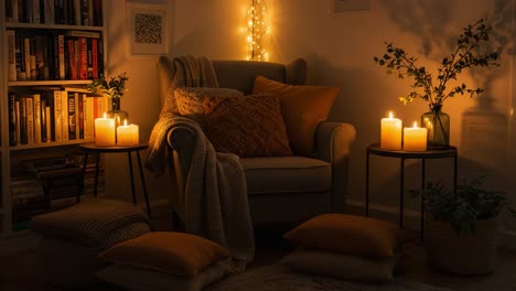 cozy living room scene captured in a warm, inviting atmosphere with soft lighting, candles, and decorative pillows for ultimate relaxation and comfort