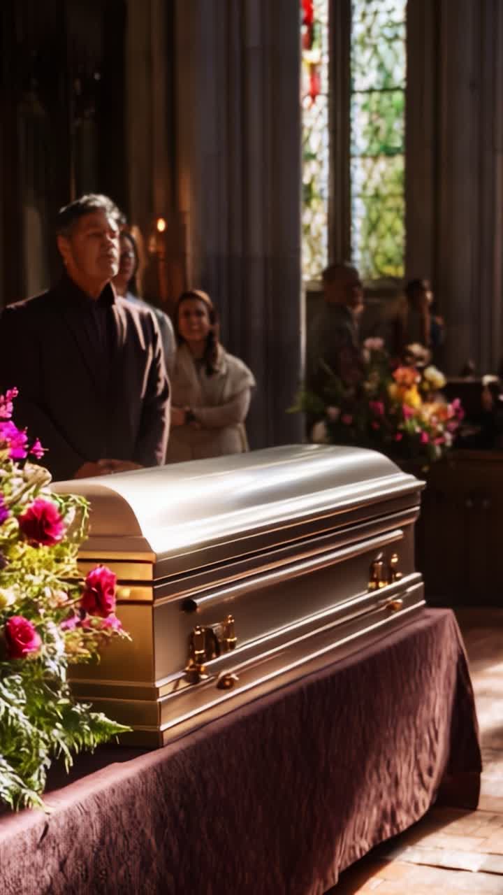 Un triste addio si svolge in una splendida cornice, mentre i partecipanti al funerale si riuniscono attorno a una bara dorata, circondata da fiori vivaci e illuminata da vetrate istoriate.