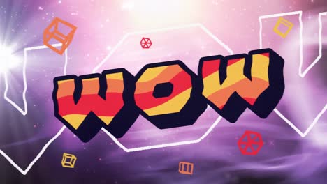 Animation-Von-Wow-Text-In-Roten,-Orangefarbenen-Und-Gelben-Buchstaben-Auf-Rosa-Und-Blauen-Dreiecken-Und-Universum