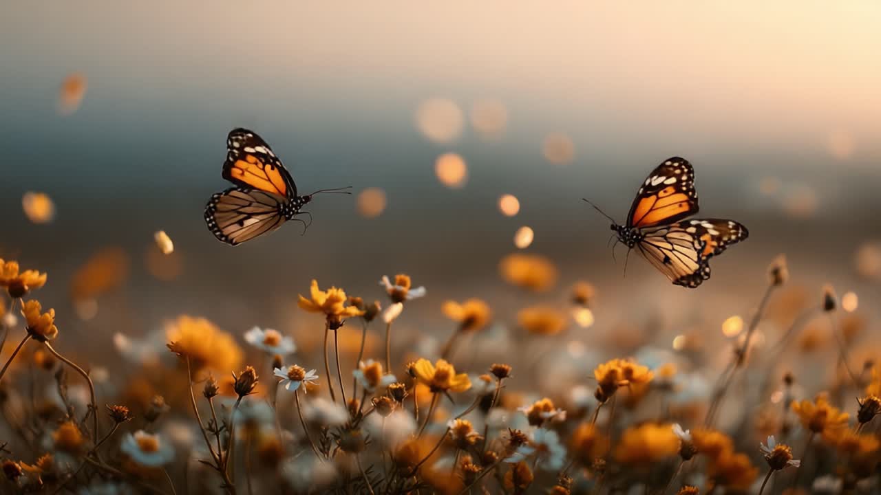A Serene Moment With Monarch Butterflies Dancing Over Blooming Wildflowers in a Gentle Sunset, Capturing the Beauty of Nature's Vibrant Palette and Elegance