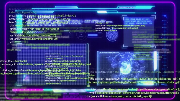 Animation of graphs, connected dots, globes and multicolored computer language over blue background