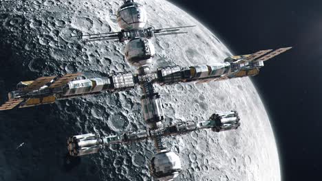 establishing shot of a futuristic space station orbiting the moon