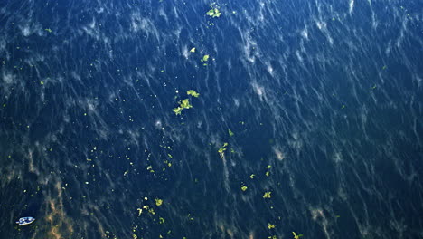 drone view of fishing boats scattered across a fog-laden river.
