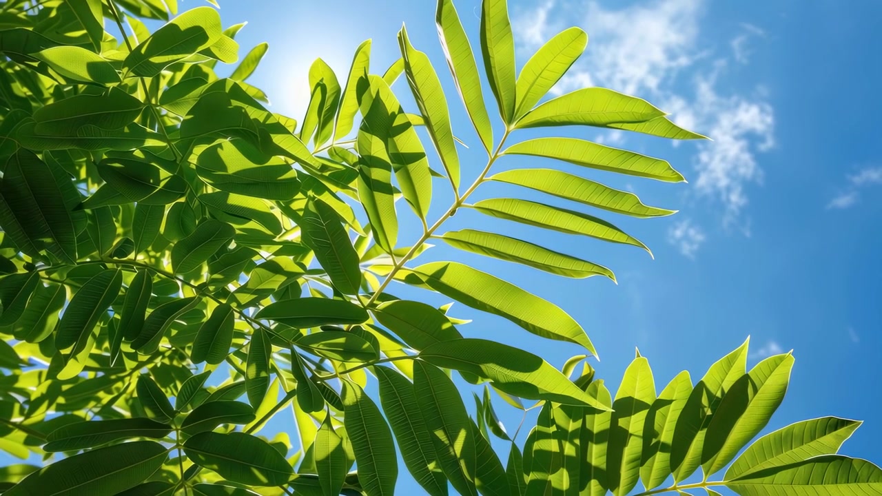 Hojas verdes brillantes meciéndose bajo la luz del sol contra el cielo azul