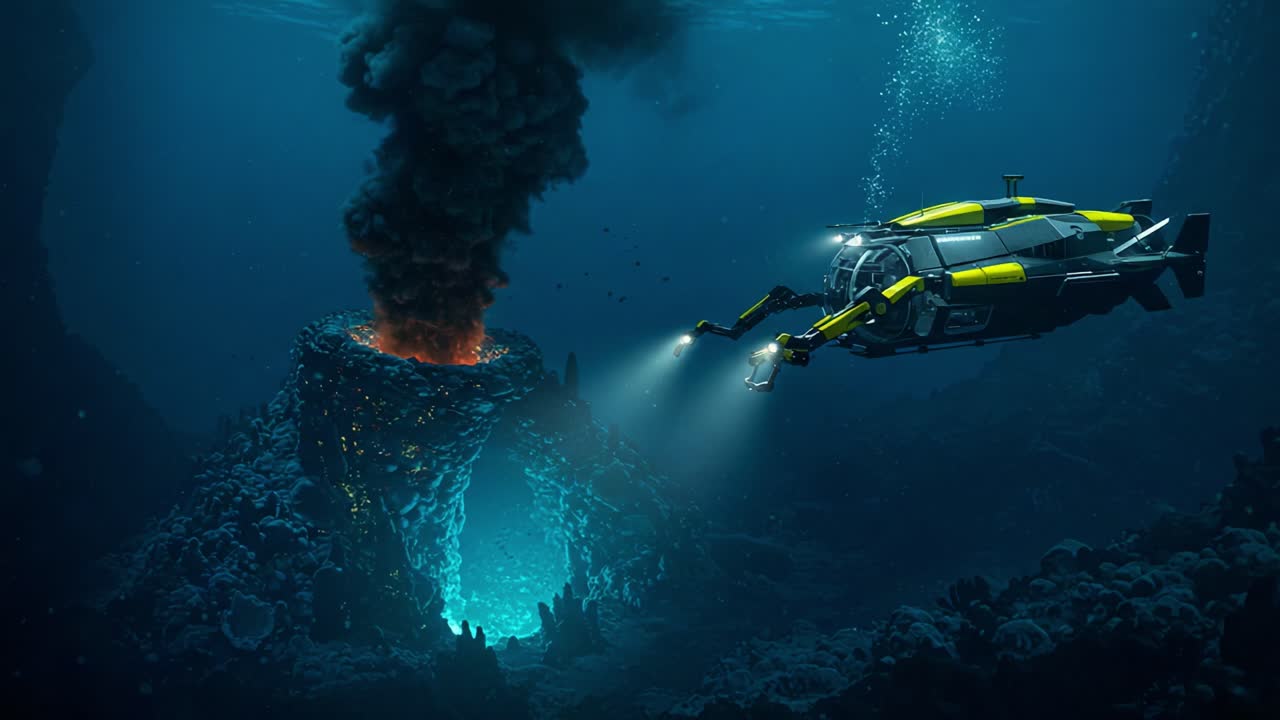 Exploring the Depths: A Submersible Investigates an Underwater Volcano Erupting with Ash and Smoke in the Mysterious Ocean Environment