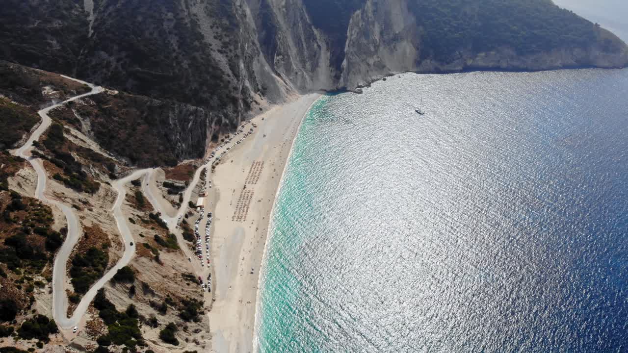 View of Beautiful Myrtos Bay and Idyllic Beach on Kefalonia Island, Greece - aerial drone shot