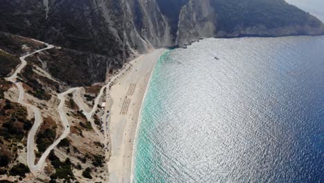 view of beautiful myrtos bay and idyllic beach on kefalonia island, greece - aerial drone shot