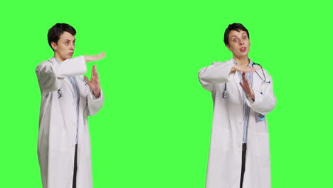 Ärztin-Macht-Timeout-Geste-Vor-Greenscreen-Hintergrund