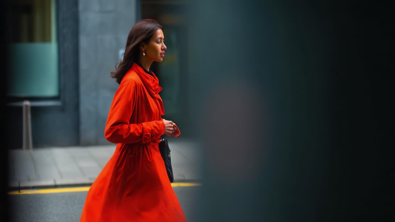 Elegant Woman in Red Coat Walking Confidently on Urban Street, Captured in Two Frames Showcasing Fashion, Movement, and City Life Atmosphere
