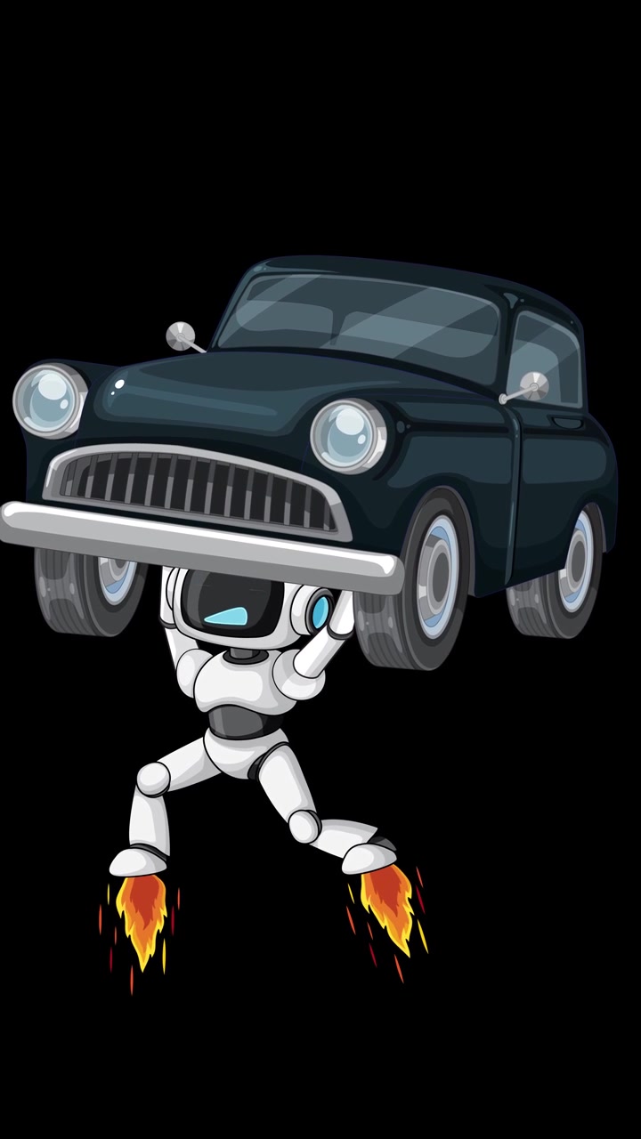 Robot umanoide utilizza propulsori a getto per sollevare verticalmente un'auto d'epoca, in stile cartone animato su sfondo nero.