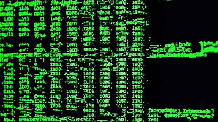 Close-up video of green code on a black screen, resembling a hacker's interface