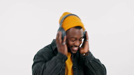 Studio,-dancing-or-happy-black-man-listening-to