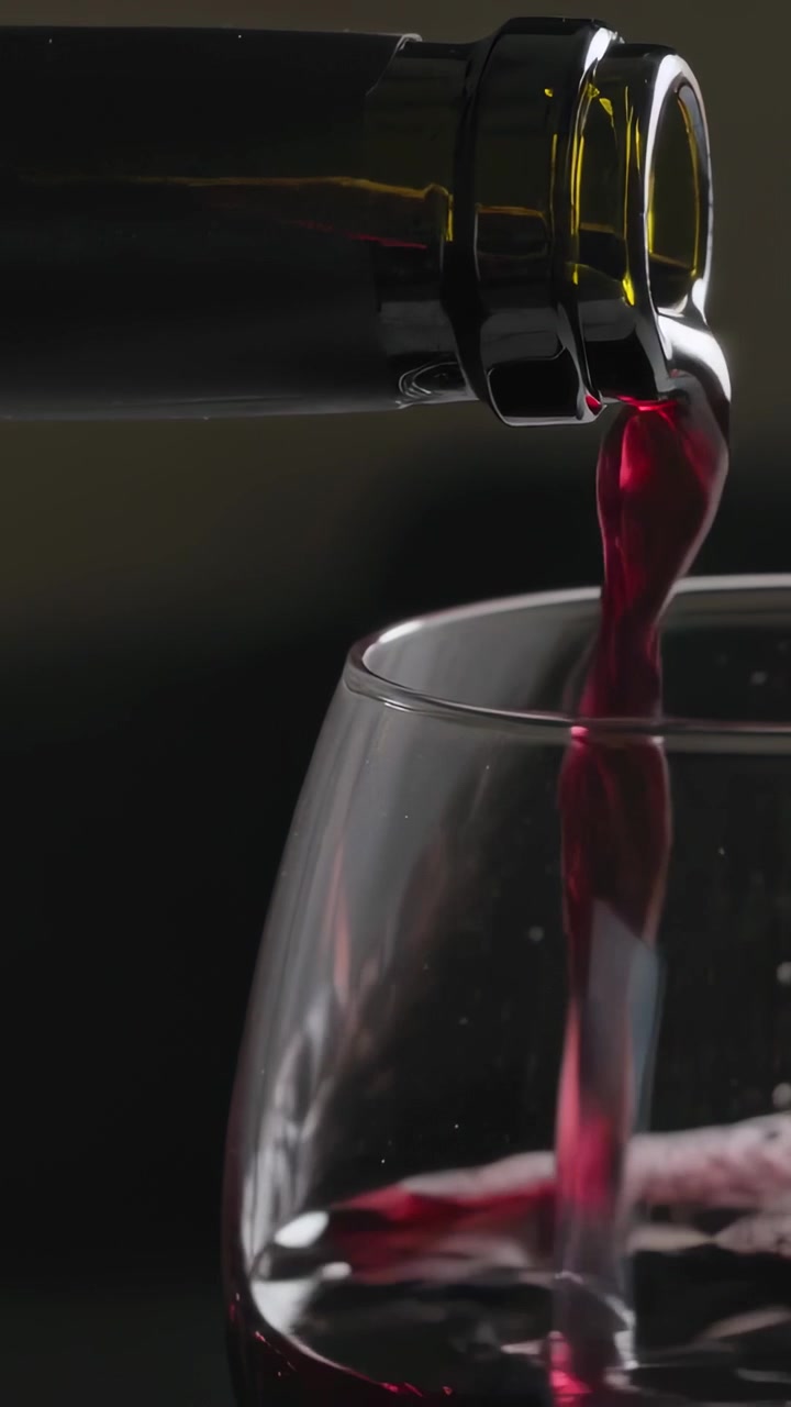 Video verticale: Versamento di vino rosso da una bottiglia inclinata in un bicchiere in studio, riempiendolo per la degustazione.