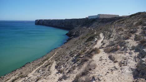 Establishing-shot,-Scenic-view-of-the-Rocky,-sandy-cliff-and-Sea-in-Algarve,-Portugal