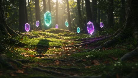 A Dreamy Forest Clearing Illuminated by Colorful Crystals, Surrounded by Lush Greenery, Where Nature&#039;s Magic Comes Alive in Ethereal Light and Mystical Beauty