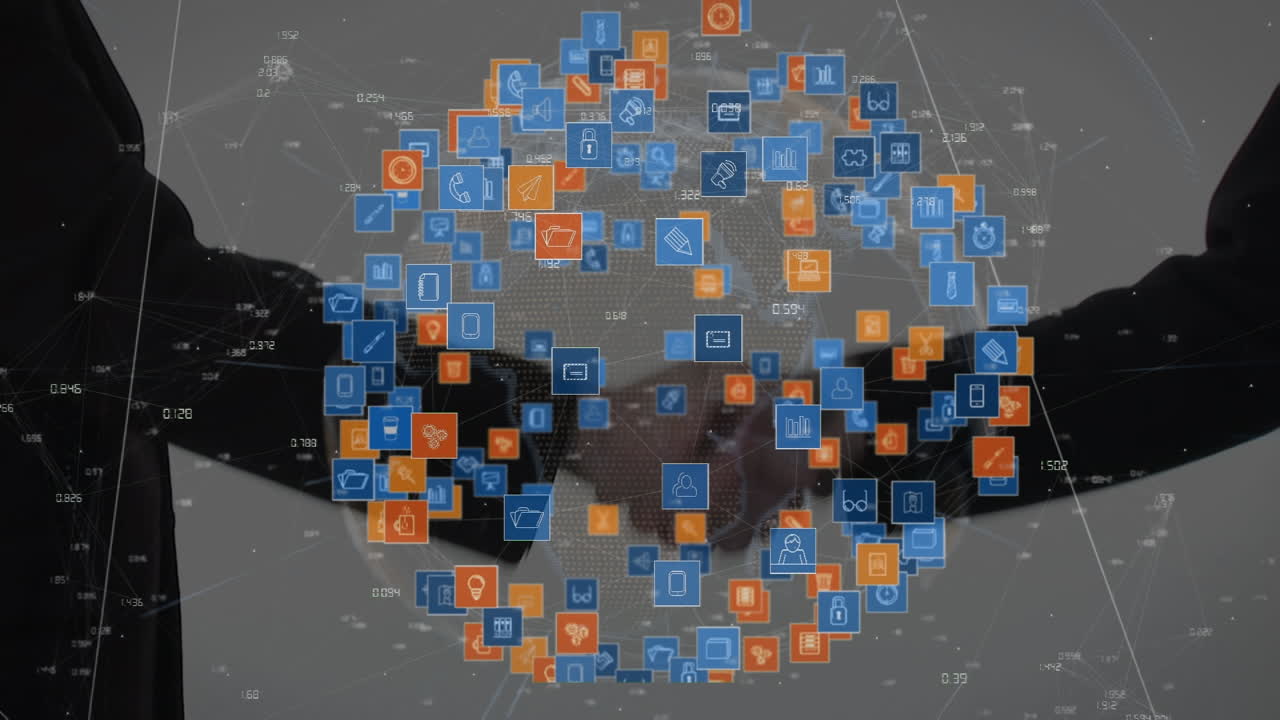 animación de una red de conexiones con iconos sobre personas que se dan la mano