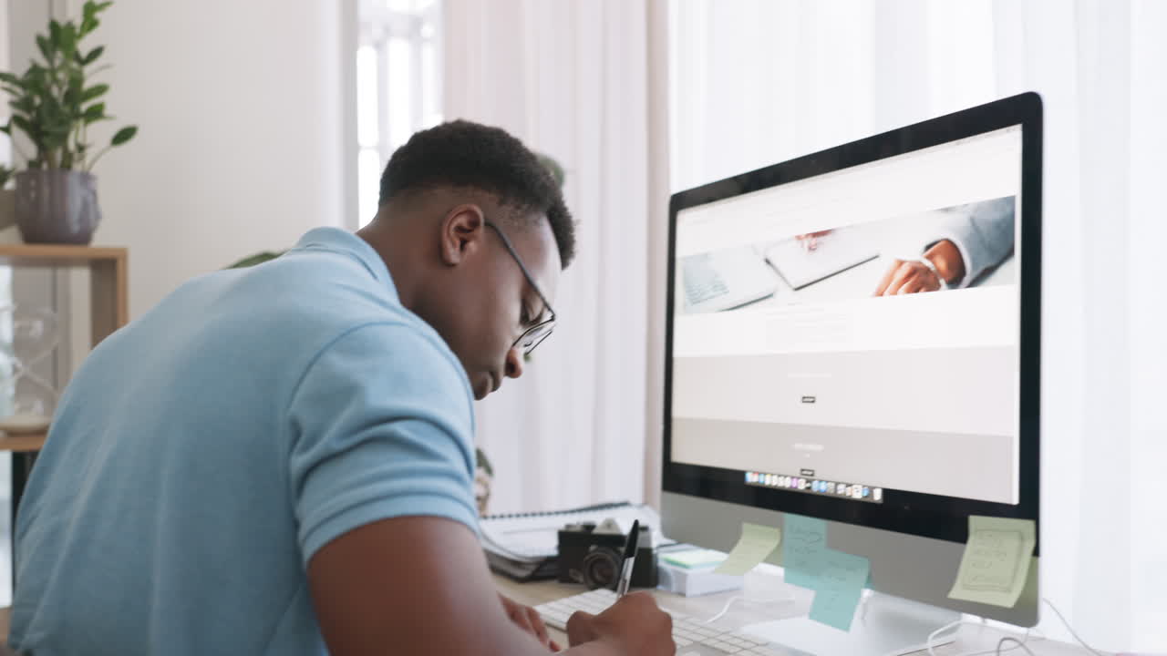 Research, planning and black man with a computer