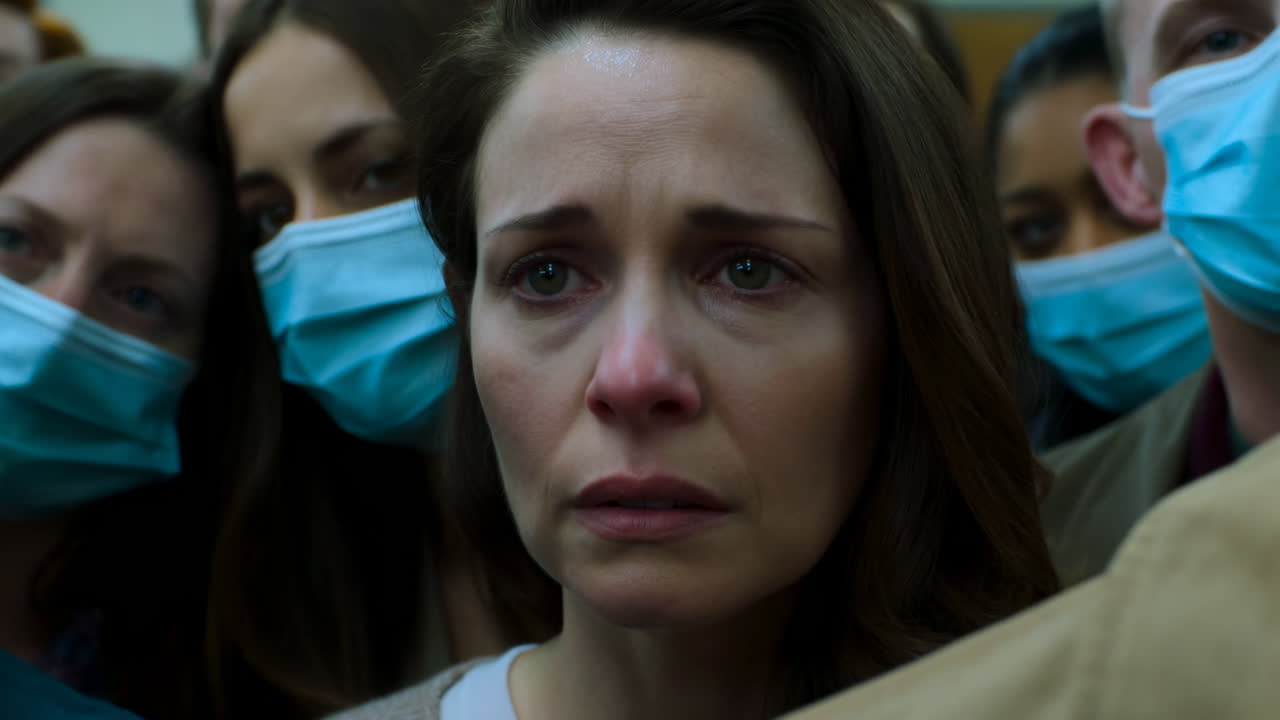 Distressed Woman Crying in a Crowd of Masked People