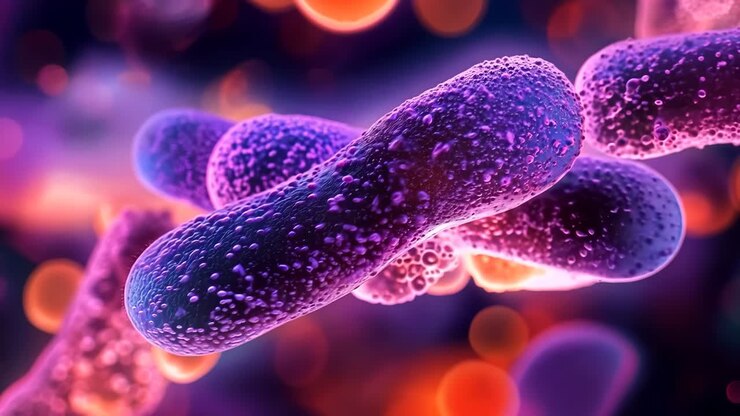Un gruppo di batteri viola su uno sfondo nero