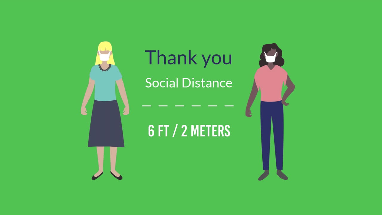 Words Thank You and Social Distancing flashing with digital human shapes wearing face masks