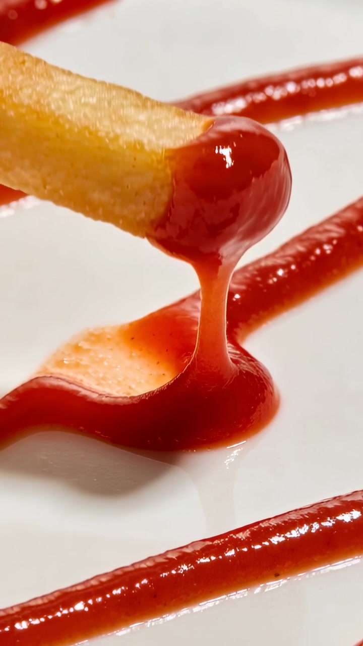 Vertikales Video: Eine Pommes frites taucht in einen Klecks Ketchup auf einem weißen Teller ein und benetzt die Spitze.