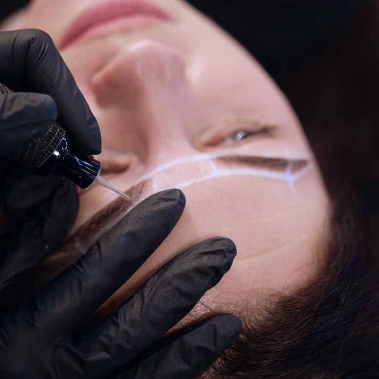 Il tatuatore esegue un trucco permanente alle sopracciglia. Donna che si sottopone a una procedura di cosmesi in un salone. Primo piano