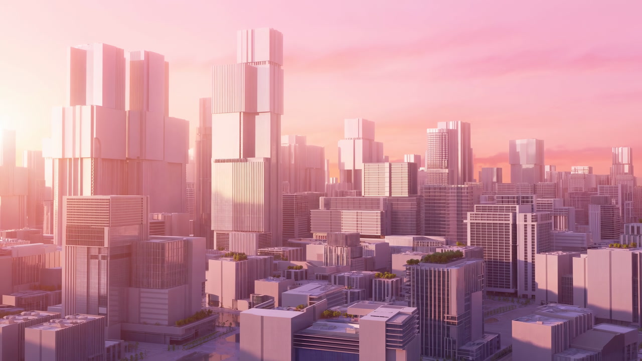 Pink Sunrise City Skyline Futuristic Towers Soft Golden Glow, Reflective Glass Facades, Aerial Perspective