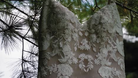 magnífico primer plano en cámara lenta de un vestido de novia de diseñador colgado de un árbol en el patio
