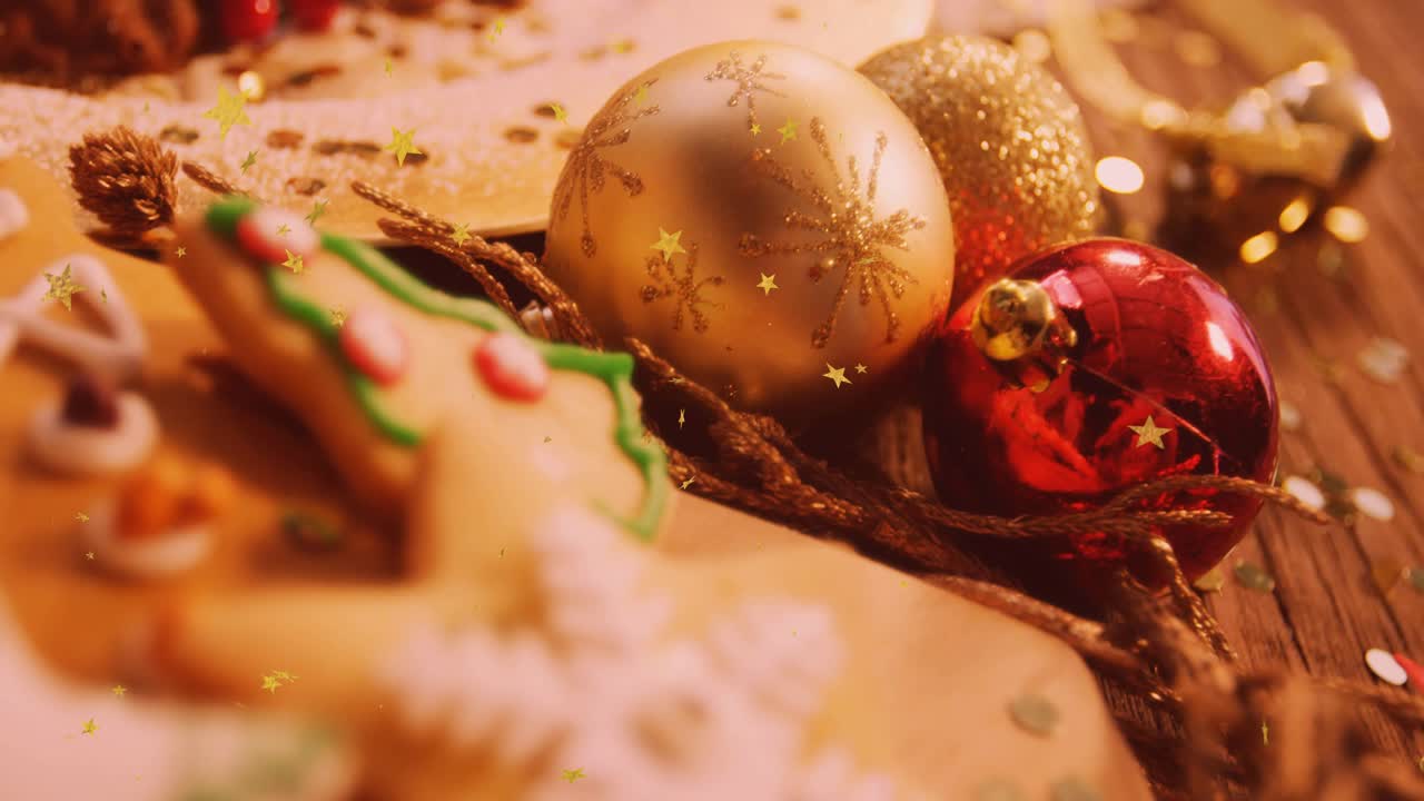 With golden overlay appearing, camera zooming on snowflake cookie revealing icing details