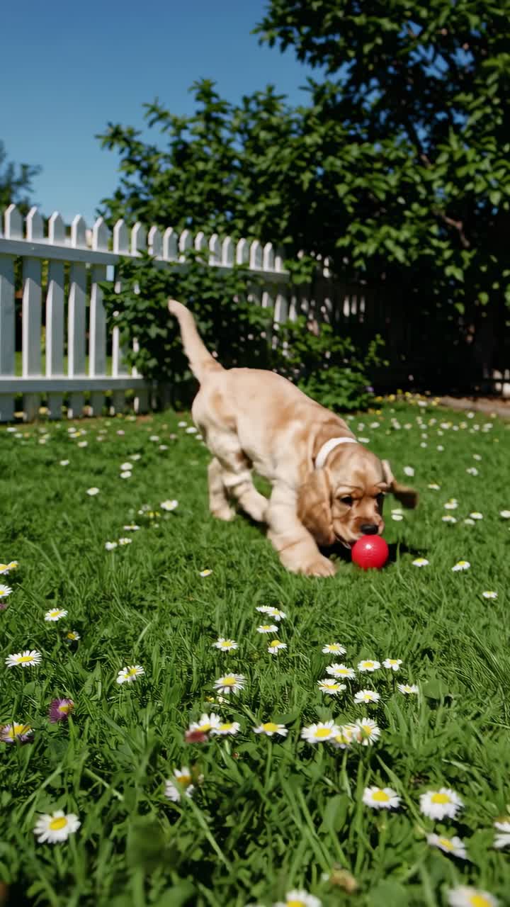 Un cucciolo giocoso con una palla rossa in un giardino soleggiato