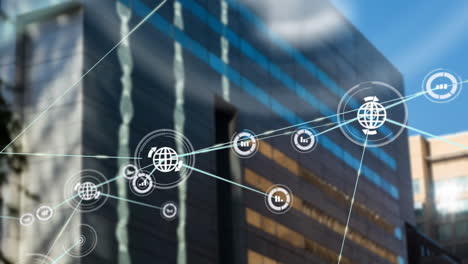 network of connections and data processing animation over modern office building