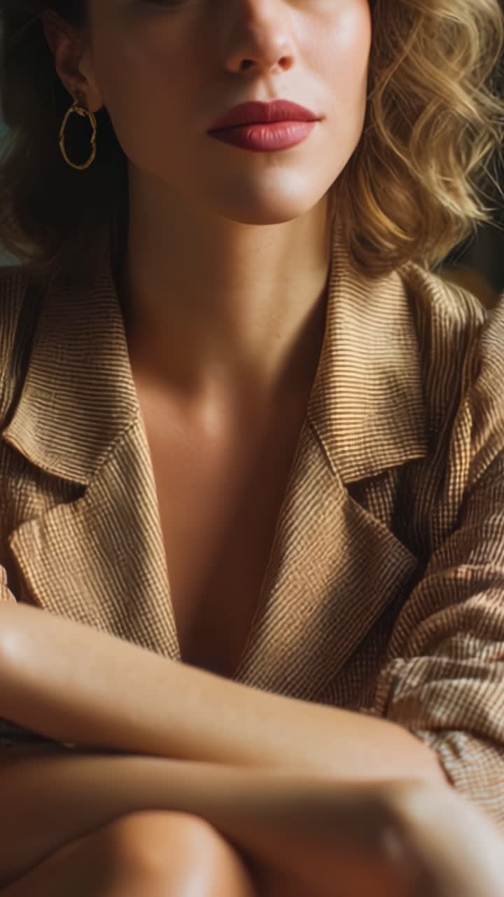 Femme élégante en tenue stylée: portrait en gros plan d'une dame confiante, avec un accent sur le maquillage, la coiffure et les accessoires de mode sous un éclairage doux.