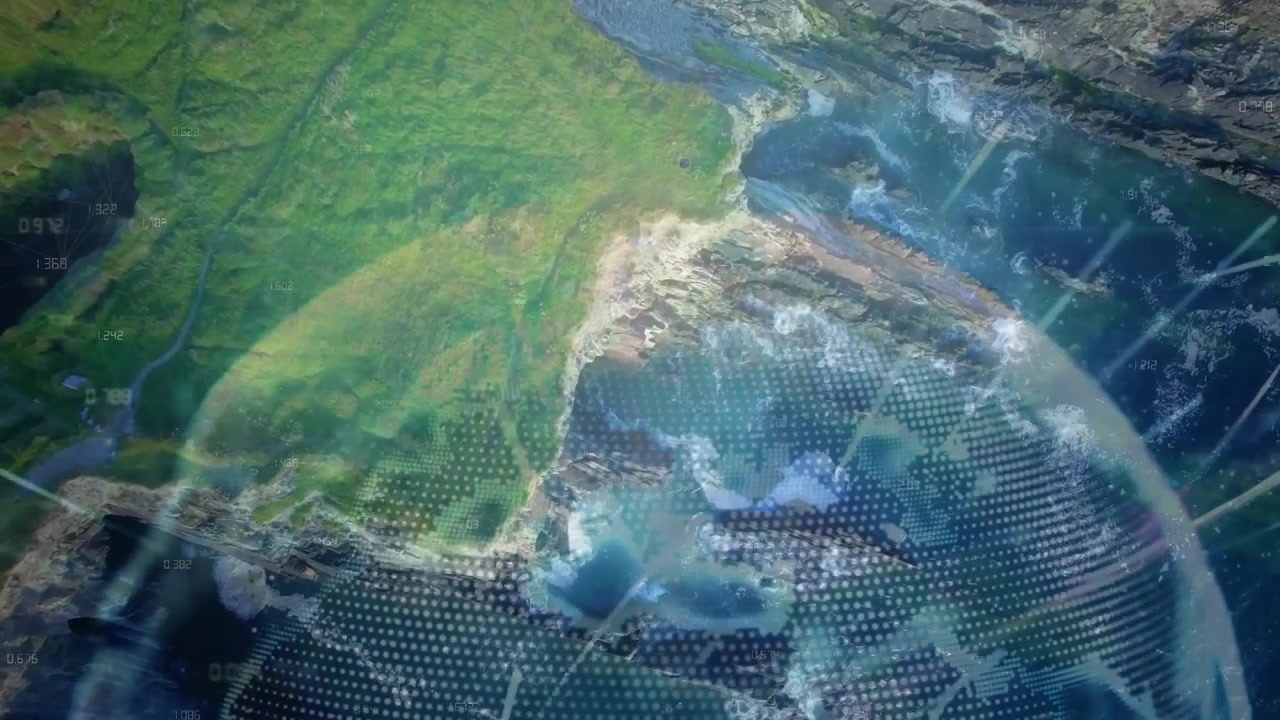 Camera panning starting grid fade in over coastline as data points intensify to visualize geography