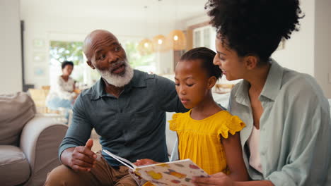 Abuelo-Con-Nieta-Y-Madre-Leyendo-Un-Libro-En-Casa-Con-Una-Familia-Multigeneracional-Detrás