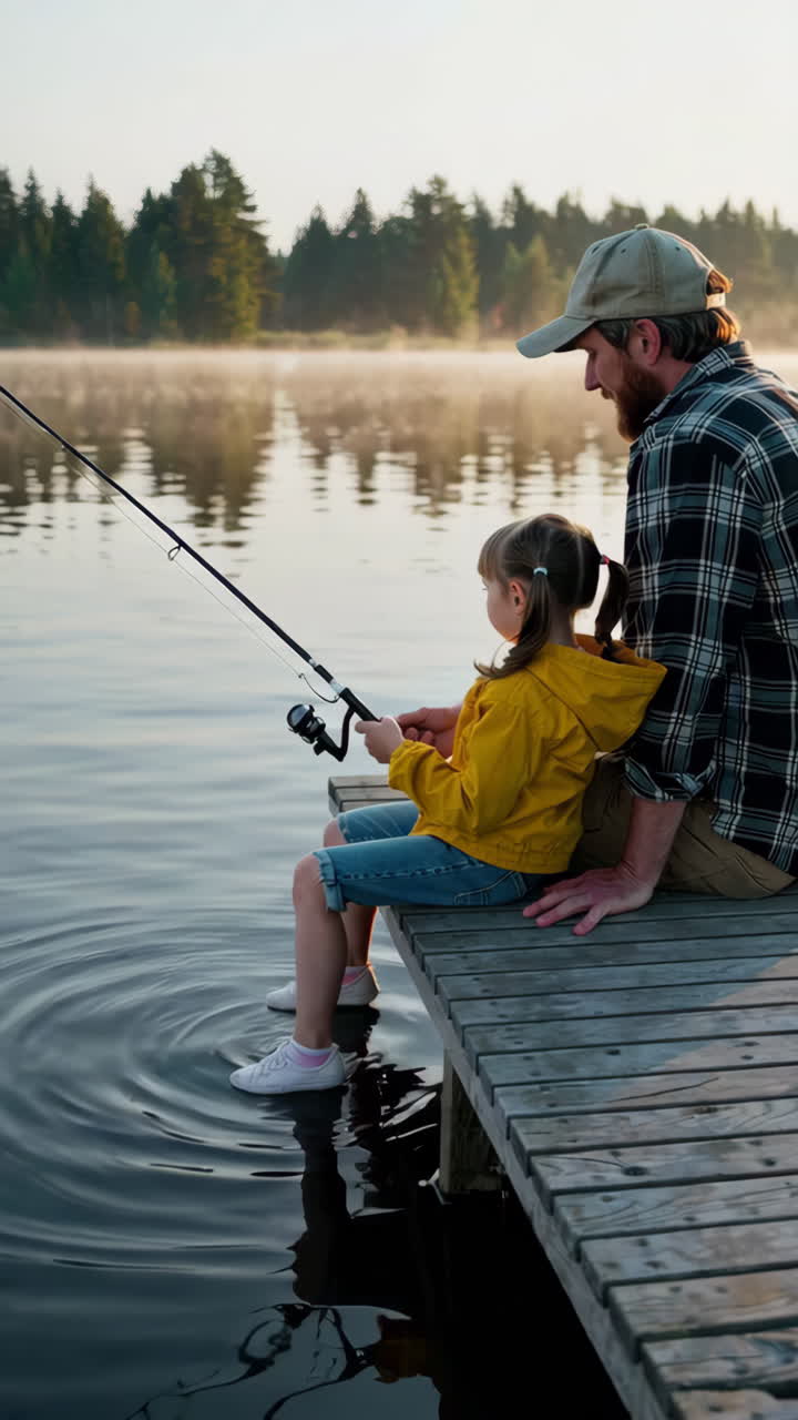 Ayah dan Anak Perempuan Memancing Saat Matahari Terbit