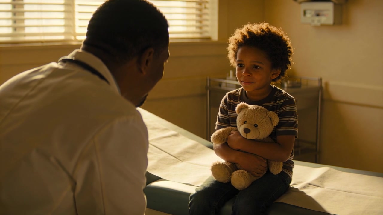 Medico che entra con lo stetoscopio, inginocchiato e che calma un bambino sul lettino da visita, tenendo un orsetto di peluche, con spazio per il testo