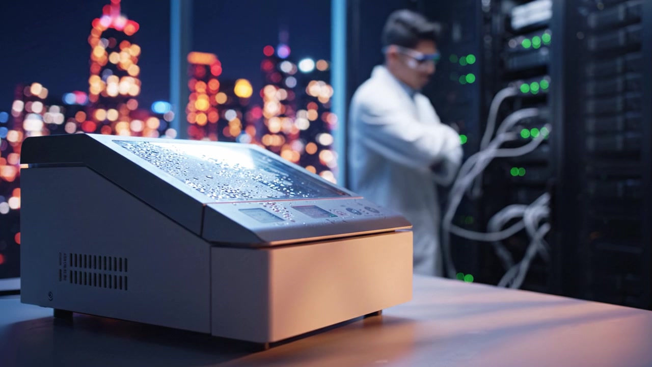 Advanced Laboratory Equipment in a Modern City Setting: A Scientist Works with Technology Against a Backdrop of Nighttime City Lights and Server Racks.
