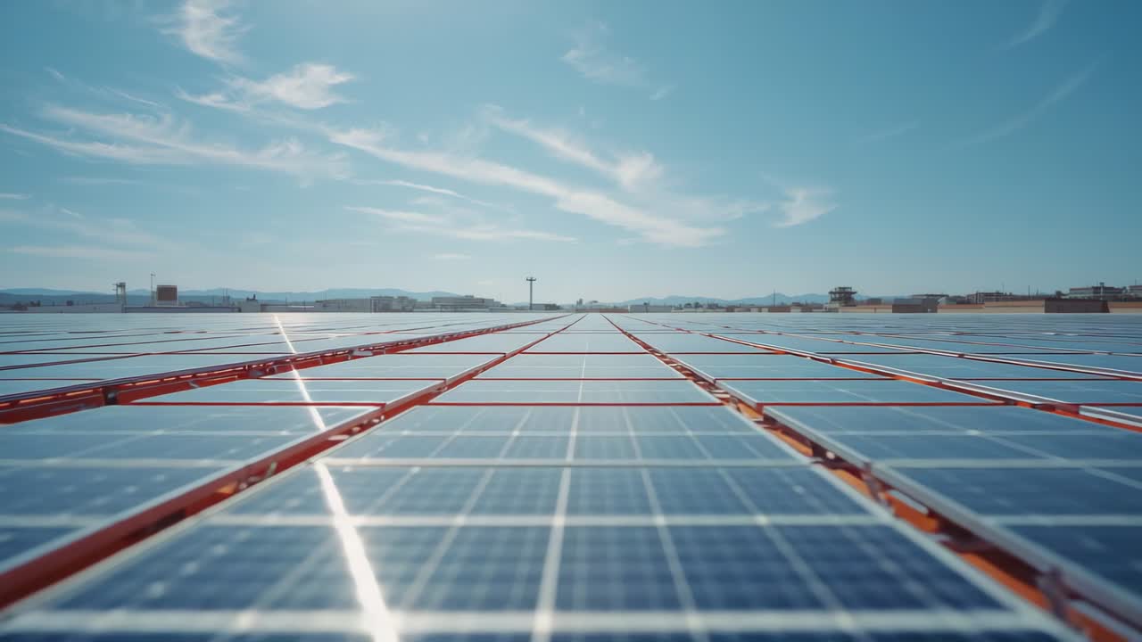 Gliding camera revealing endless photovoltaic panel rows on solar farm, with red metal frames