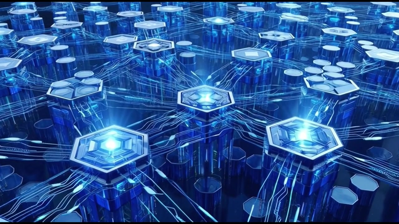 Abstract Digital Network with Glowing Hexagonal Nodes and Data Connections