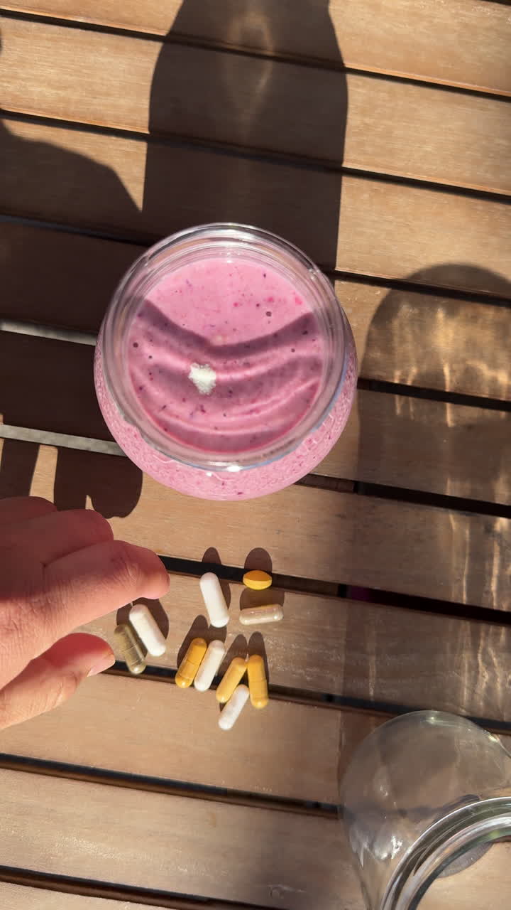 Vertical UGC style shot of a hand taking a supplement pill beside a pink berry smoothie on wooden table. Natural health routine scene with vitamins and wellness drink