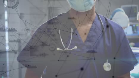 animation of network of connections and data processing over surgeon in operating theater