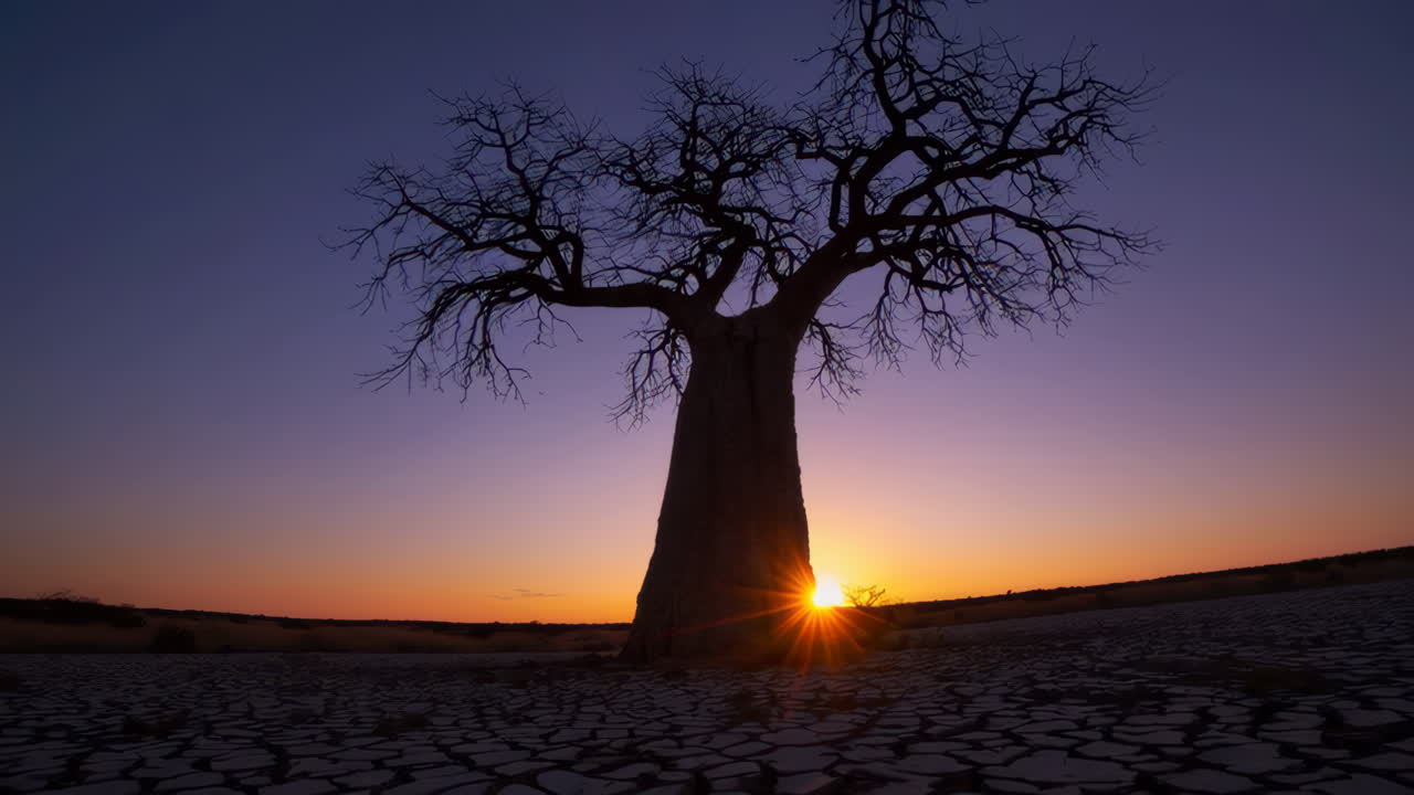Baobab Tree Silhouette at Sunset in a Dry Desert Landscape