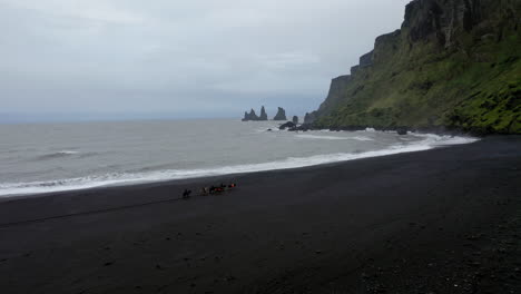 aerial: flyover group of tourists riding horses on the beach of vik in iceland