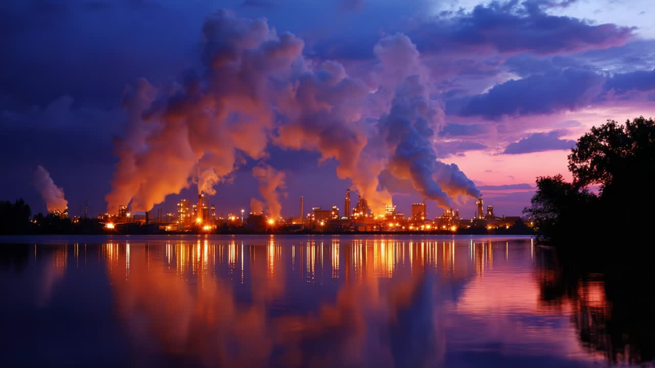 Industrial Factory at Night with Smoke and Water Reflection