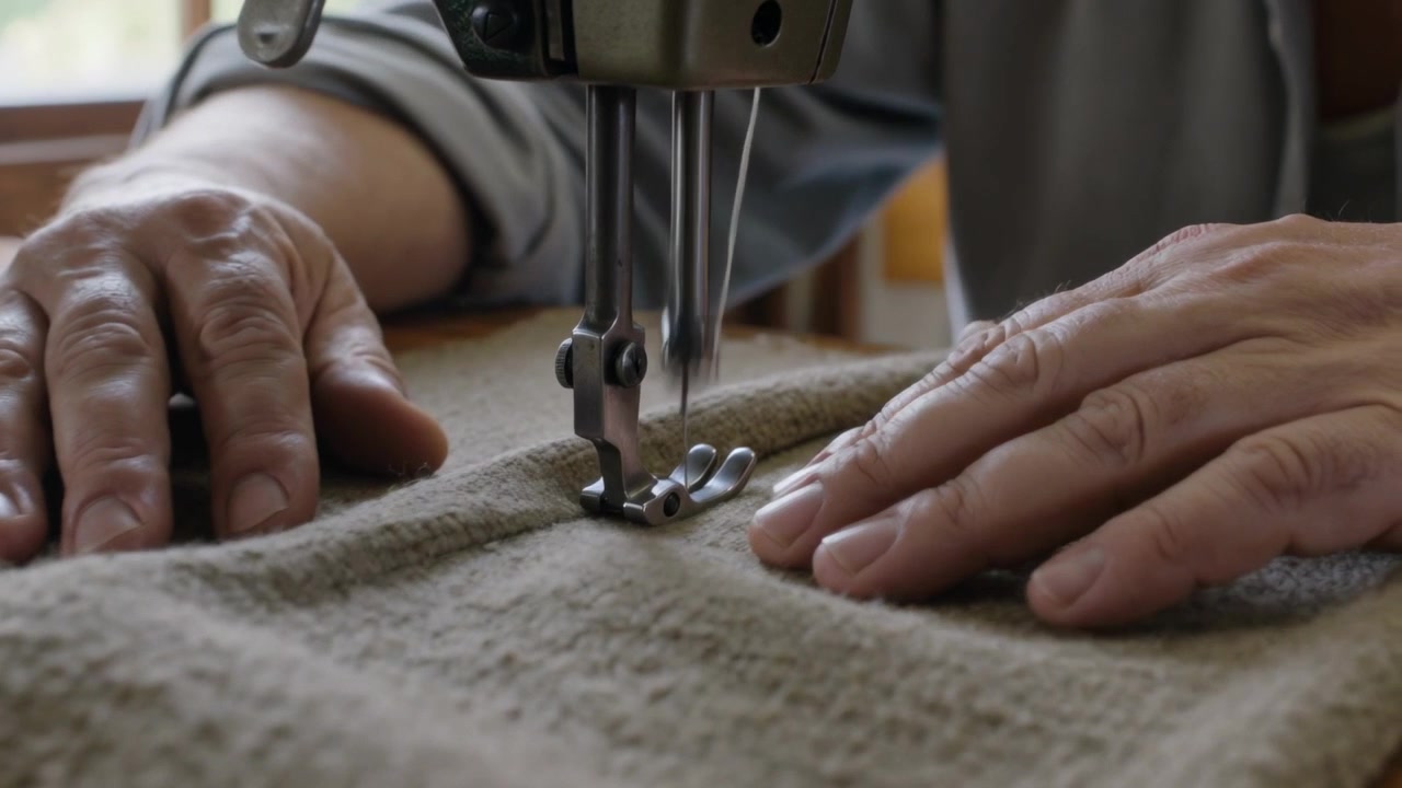 Guiding sewer hands sewing thick fabric under needle as presser foot lowering at workshop, gray top